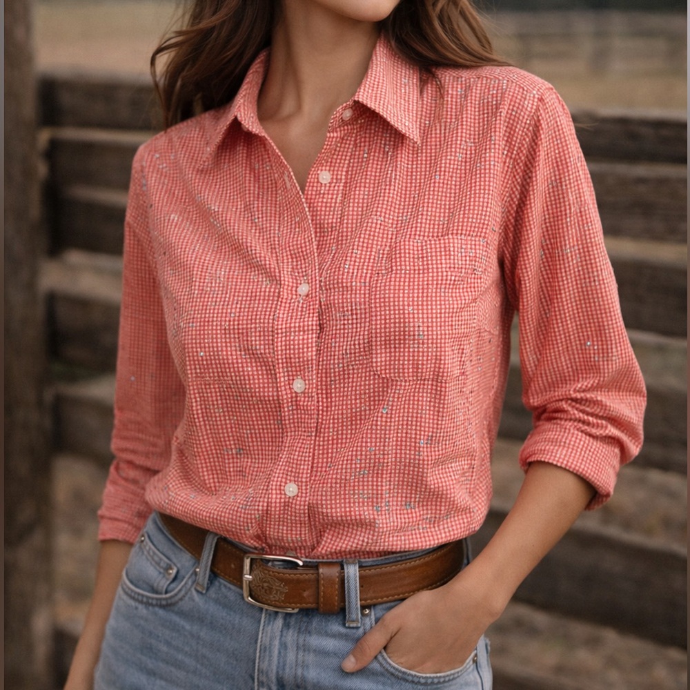 Vintage Women's Red Gingham Button-Down Shirt Rhinestone Cowgirl Western